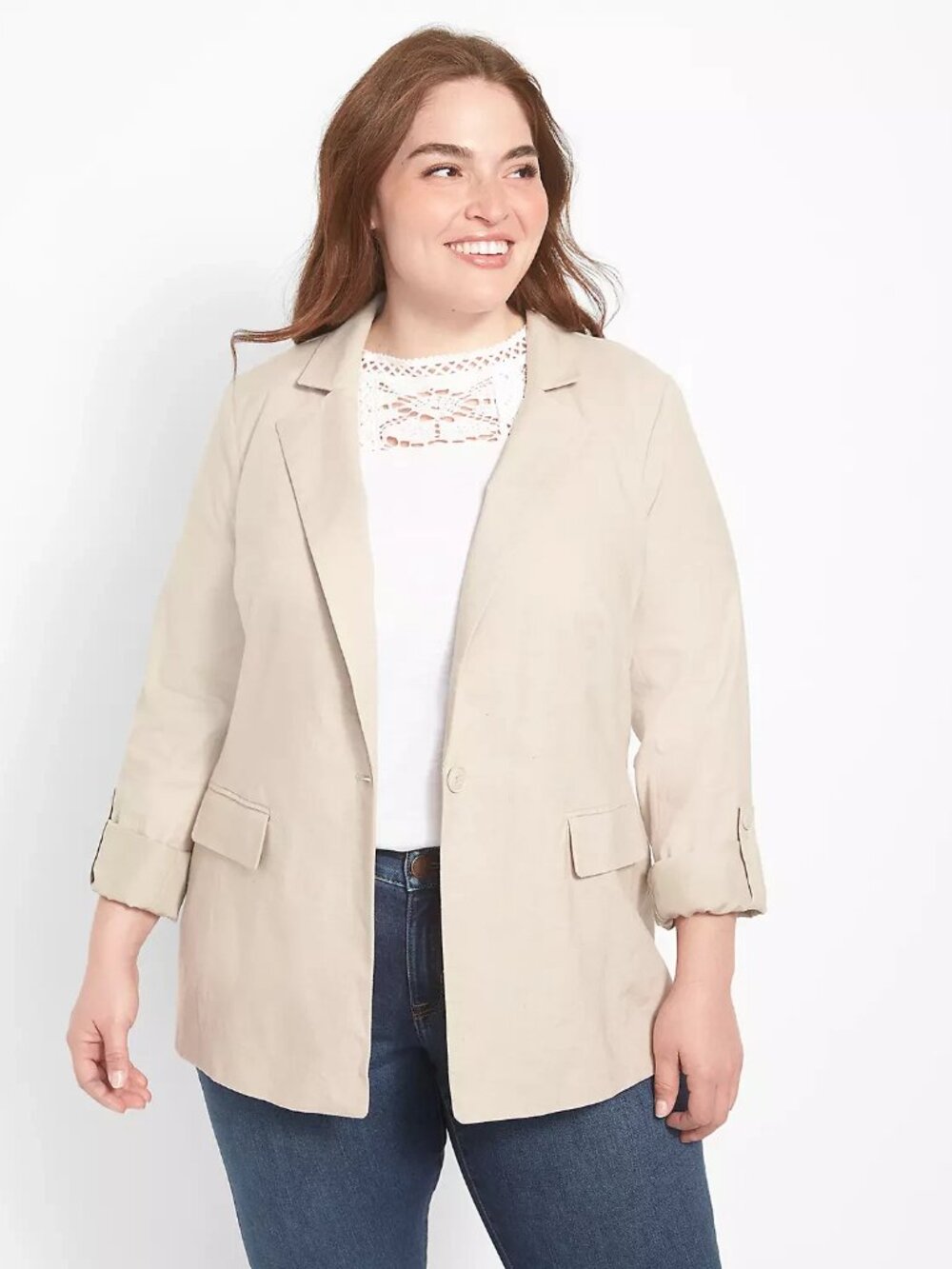 Lane Bryant Linen Blend Blazer Size 16 Neutral Coastal Chic Capsule Minimal